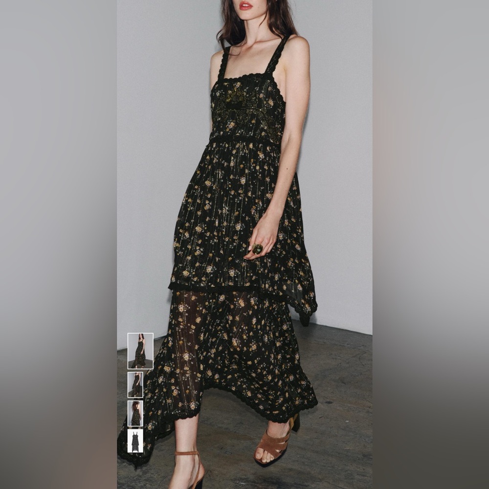Zara Floral Black Dress with Metallic Thread and Beaded Chest